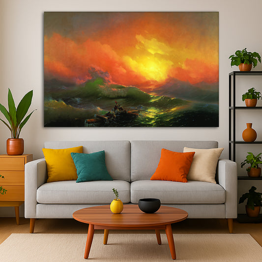 Ivan Aivazovsky - The Ninth Wave Giclée canvas print displayed in a modern living room interior