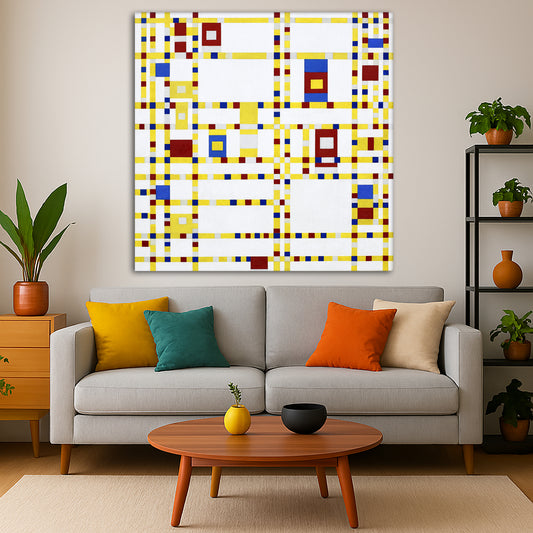 Piet Mondrian - Broadway Boogie Woogie Giclée canvas print displayed in a modern living room interior