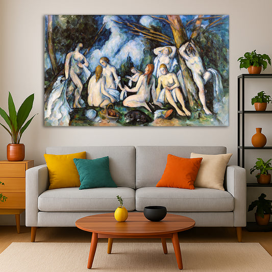 Paul Cézanne - The Large Bathers Giclée canvas print displayed in a modern living room interior