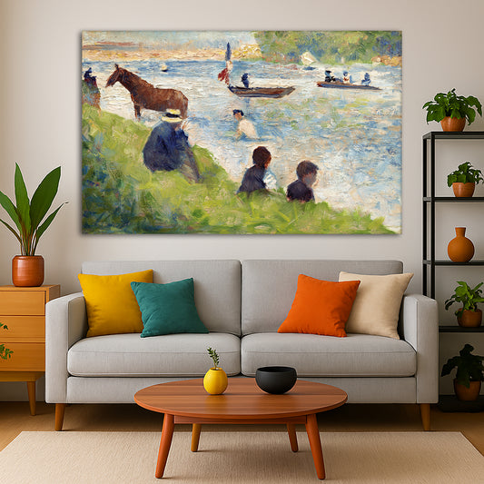 Georges Seurat - Horse and Boats Giclée canvas print displayed in a modern living room interior