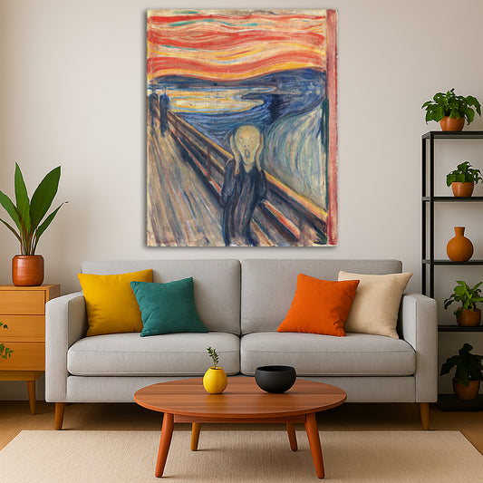 Edvard Munch - The Scream Giclée canvas print displayed in a modern living room interior
