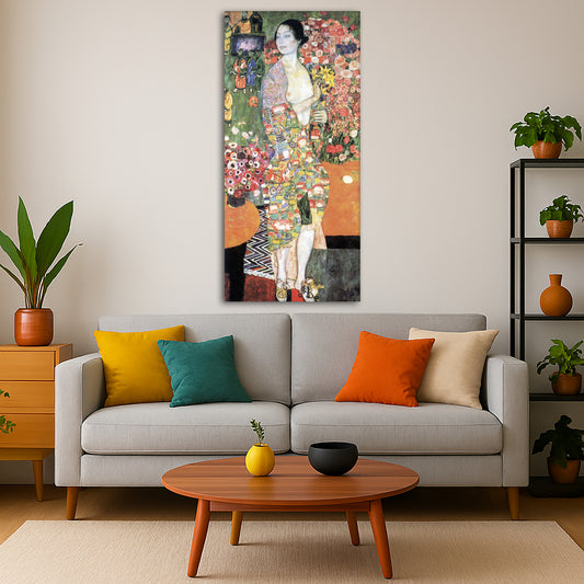Gustav Klimt - The Dancer Giclée canvas print displayed in a modern living room interior