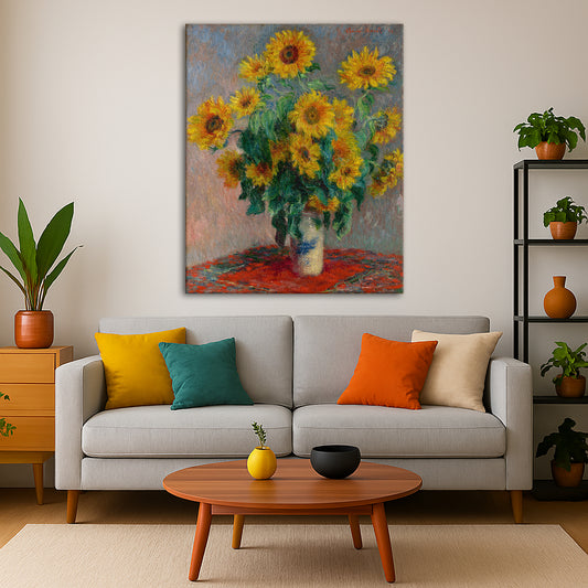 Claude Monet - Sunflowers Giclée canvas print displayed in a modern living room interior