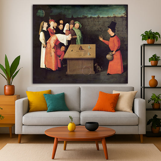 Hieronymus Bosch - The Conjurer Giclée canvas print displayed in a modern living room interior