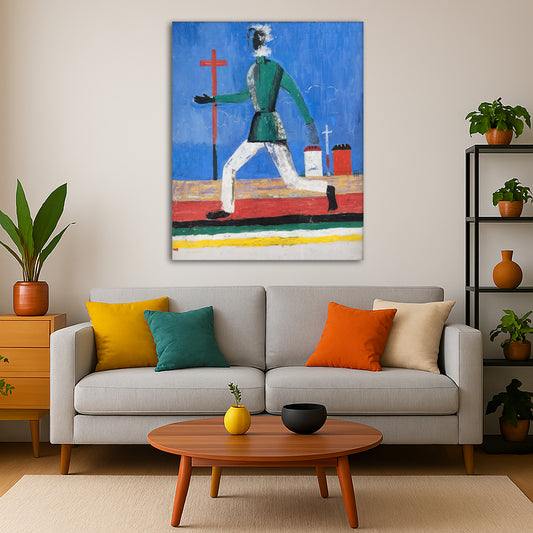 Kazimir Malevich - Running Man Giclée canvas print displayed in a modern living room interior