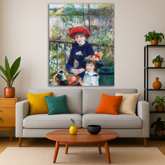 Pierre-Auguste Renoir - Two Sisters on the Terrace Giclée canvas print displayed in a modern living room interior