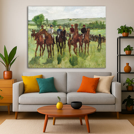 Edgar Degas - Race Horses Giclée canvas print displayed in a modern living room interior