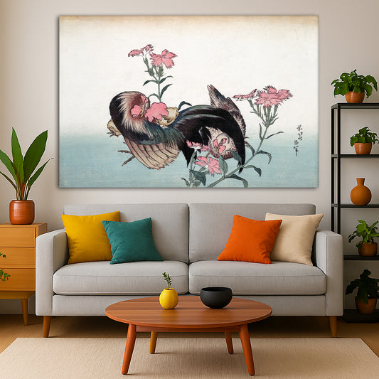 Katsushika Hokusai - Rooster and Flower Giclée canvas print displayed in a modern living room interior
