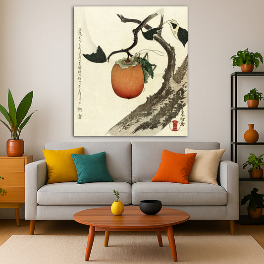 Katsushika Hokusai - Persimmon and Grasshopper Giclée canvas print displayed in a modern living room interior