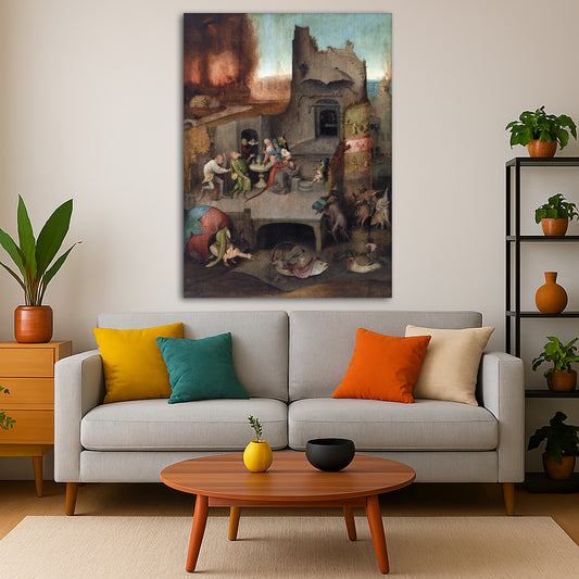 Hieronymus Bosch - St Anthony Giclée canvas print displayed in a modern living room interior