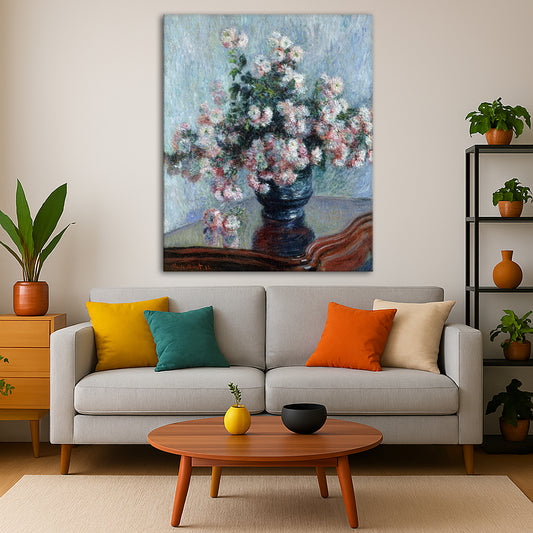 Claude Monet - Chrysanthemums Giclée canvas print displayed in a modern living room interior
