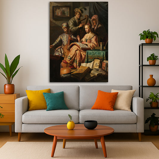 Rembrandt van Rijn - The Music Party Giclée canvas print displayed in a modern living room interior