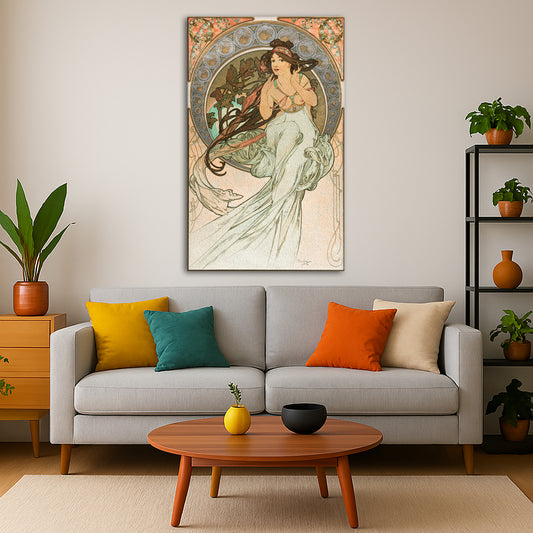 Alphonse Mucha - – Music Giclée canvas print displayed in a modern living room interior