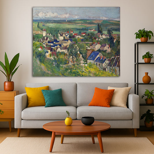 Paul Cézanne - Panoramic View of Auvers Giclée canvas print displayed in a modern living room interior