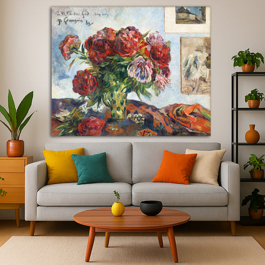 Paul Gauguin - Still Life with Peonies Giclée canvas print displayed in a modern living room interior