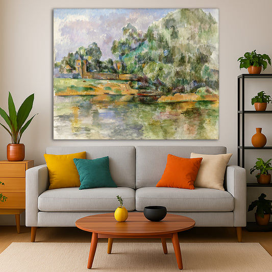 Paul Cézanne - Riverbank Giclée canvas print displayed in a modern living room interior