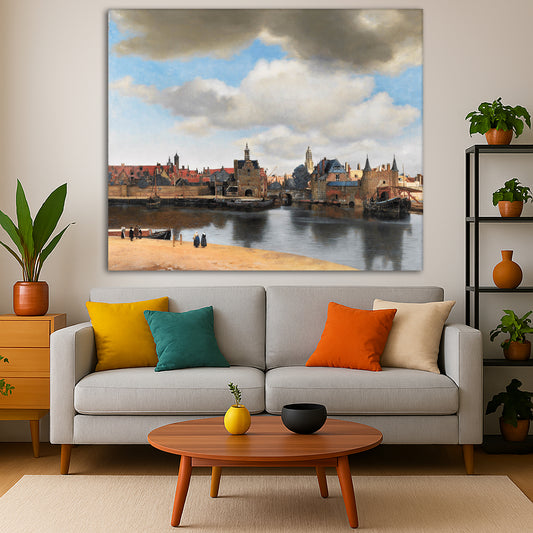 Jan Vermeer - View of Delft Giclée canvas print displayed in a modern living room interior