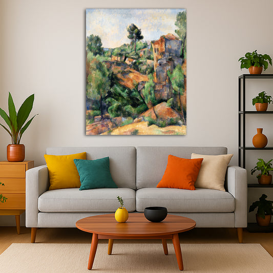 Paul Cézanne - Bibémus Quarry Giclée canvas print displayed in a modern living room interior