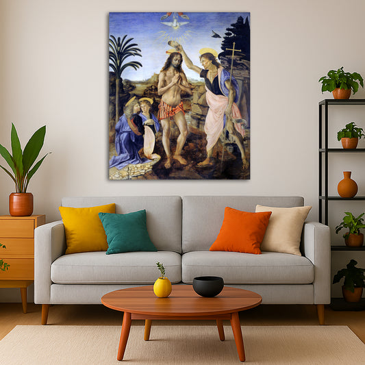 Leonardo Da Vinci - Baptism of Christ Giclée canvas print displayed in a modern living room interior