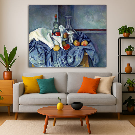 Paul Cézanne - The Peppermint Bottle Giclée canvas print displayed in a modern living room interior