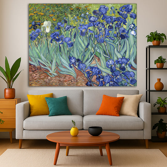 Vincent van Gogh - Irises (1889) Giclée canvas print displayed in a modern living room interior