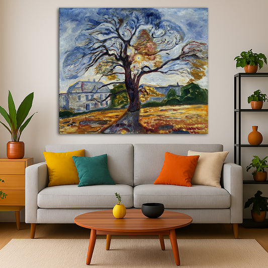 Edvard Munch - The Oak Tree Giclée canvas print displayed in a modern living room interior