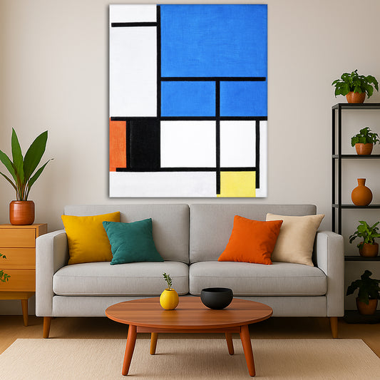 Piet Mondrian - Composition with Large Blue Plane, Red, Black Giclée canvas print displayed in a modern living room interior