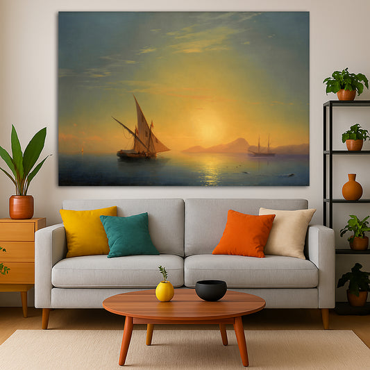Ivan Aivazovsky - Ischia Island at Sunset Giclée canvas print displayed in a modern living room interior