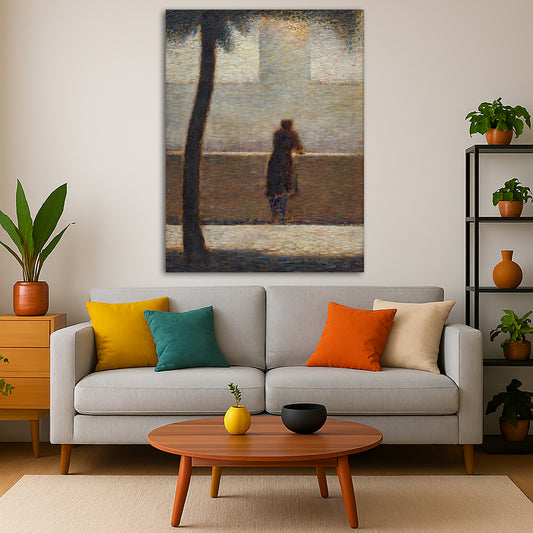 Georges Seurat - Man Leaning on a Parapet Giclée canvas print displayed in a modern living room interior