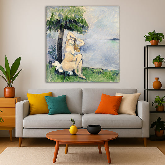 Paul Cézanne - Bather at the Seashore Giclée canvas print displayed in a modern living room interior