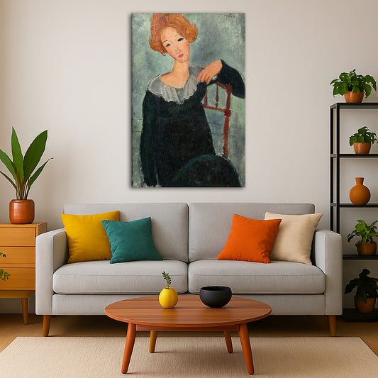 Amedeo Modigliani - Woman with Red Hair Giclée canvas print displayed in a modern living room interior