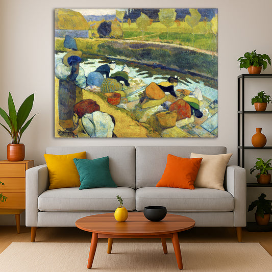 Paul Gauguin - The Washerwomen Giclée canvas print displayed in a modern living room interior