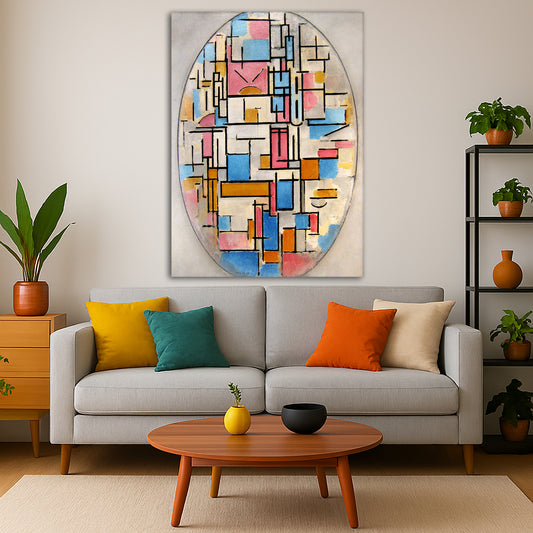Piet Mondrian - Composition in Oval with Color Planes 1 Giclée canvas print displayed in a modern living room interior