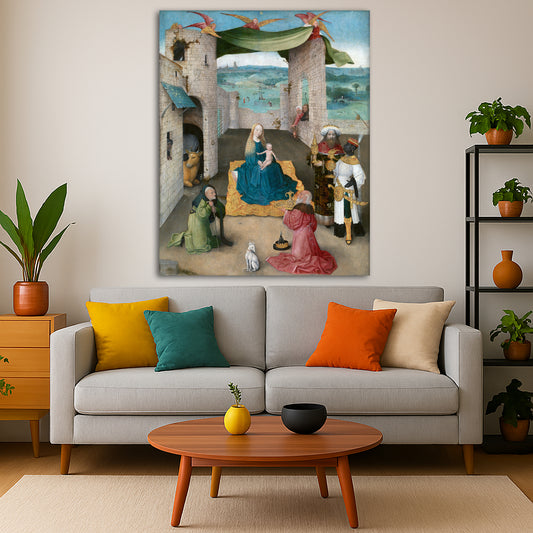 Hieronymus Bosch - Adoration of Magi Giclée canvas print displayed in a modern living room interior