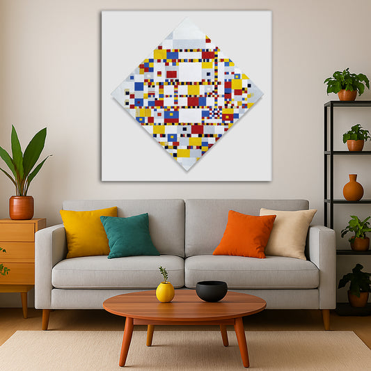 Piet Mondrian - Victory Boogie Woogie Giclée canvas print displayed in a modern living room interior