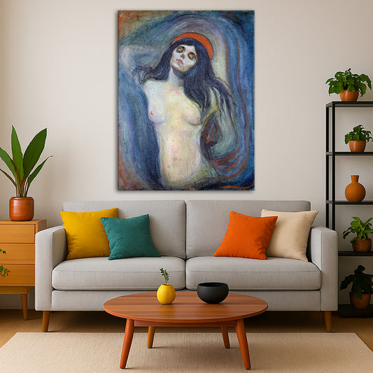 Edvard Munch - Madonna Giclée canvas print displayed in a modern living room interior