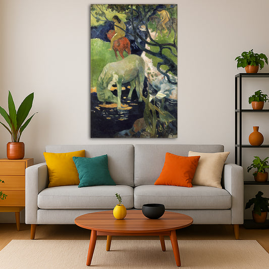 Paul Gauguin - The White Horse Giclée canvas print displayed in a modern living room interior