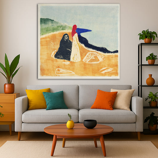 Edvard Munch - Two Women on the Shore Giclée canvas print displayed in a modern living room interior