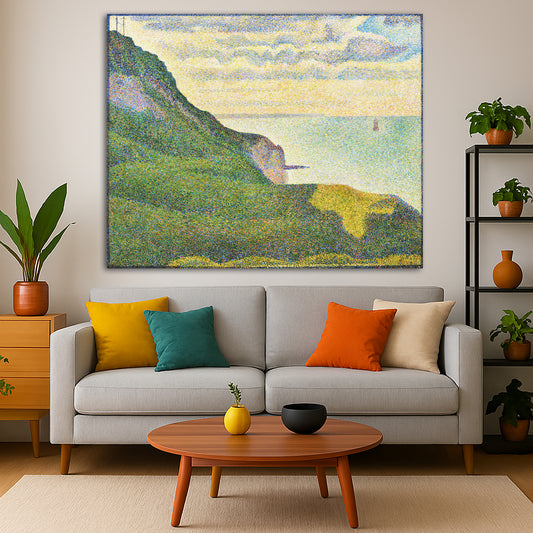 Georges Seurat - Seascape at Port-en-Bessin, Normandy Giclée canvas print displayed in a modern living room interior