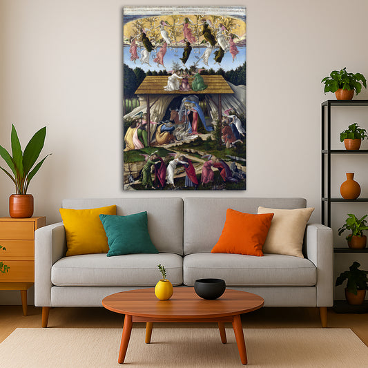 Sandro Botticelli - Mystical Nativitys Giclée canvas print displayed in a modern living room interior