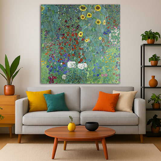 Gustav Klimt - Farm Garden with Sunflowers Giclée canvas print displayed in a modern living room interior