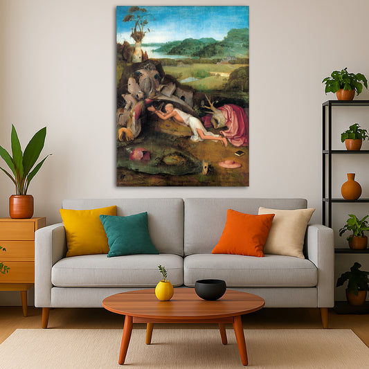 Hieronymus Bosch - St. Jerome at Prayer Giclée canvas print displayed in a modern living room interior