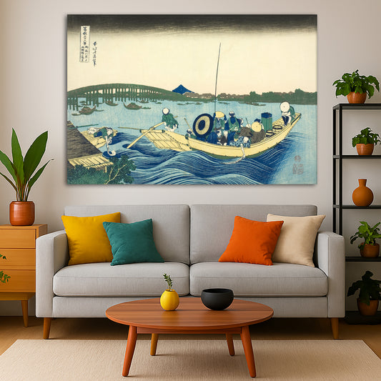 Katsushika Hokusai - Sunset at Ryogoku Bridge Giclée canvas print displayed in a modern living room interior