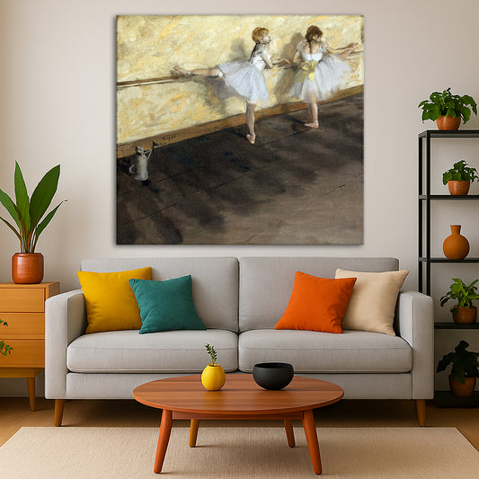 Edgar Degas - Dancers Practicing at the Barre Giclée canvas print displayed in a modern living room interior