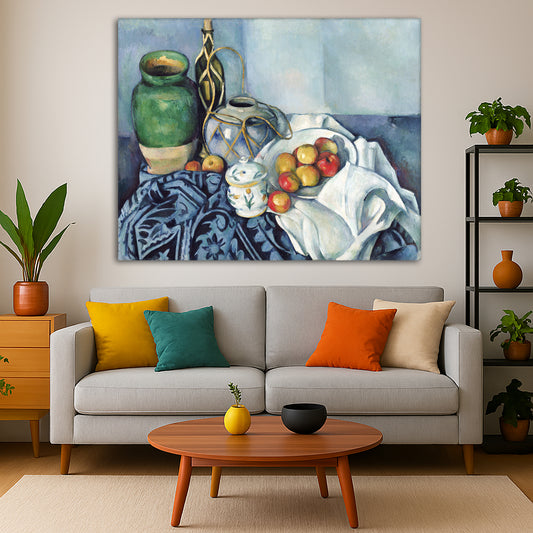 Paul Cézanne - Still Life with Apples Giclée canvas print displayed in a modern living room interior
