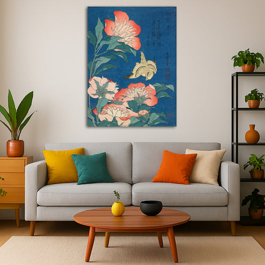 Katsushika Hokusai - Peonies and Canary Giclée canvas print displayed in a modern living room interior