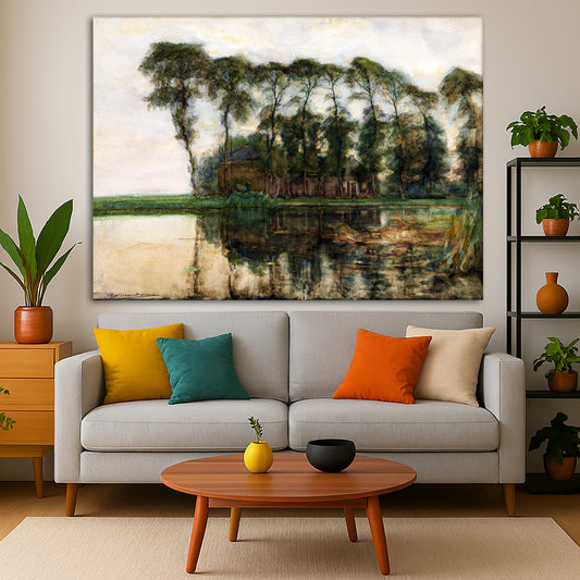 Piet Mondrian - Farm Along the Water Giclée canvas print displayed in a modern living room interior