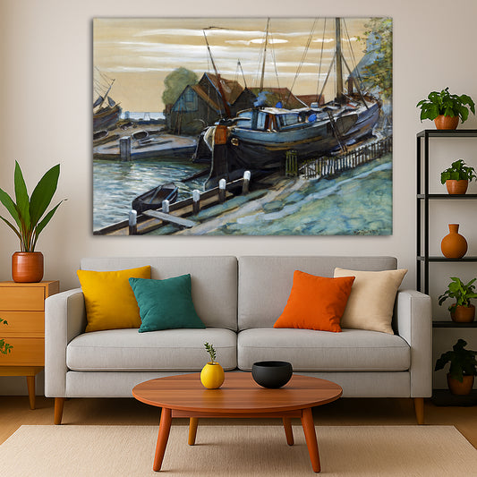 Piet Mondrian - Durgerdam Harbour Giclée canvas print displayed in a modern living room interior