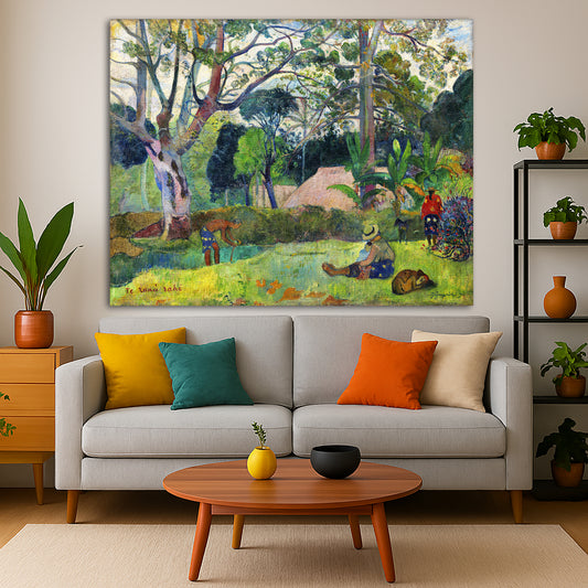 Paul Gauguin - The Big Tree Te raau rahi Giclée canvas print displayed in a modern living room interior