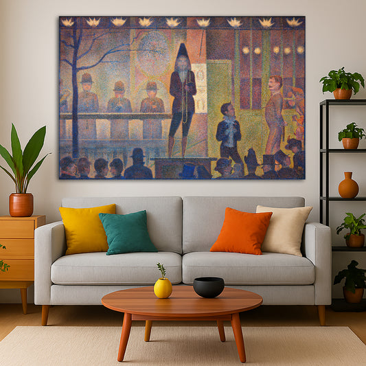 Georges Seurat - Circus Sideshow Giclée canvas print displayed in a modern living room interior